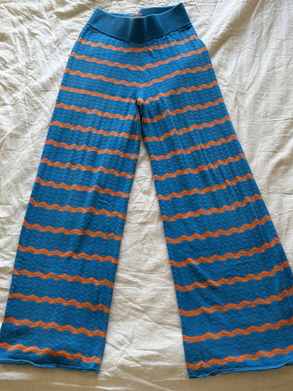 Ciao Ciao Vacation Blue Knit Wide-Leg Pants with Orange Wave Stripes